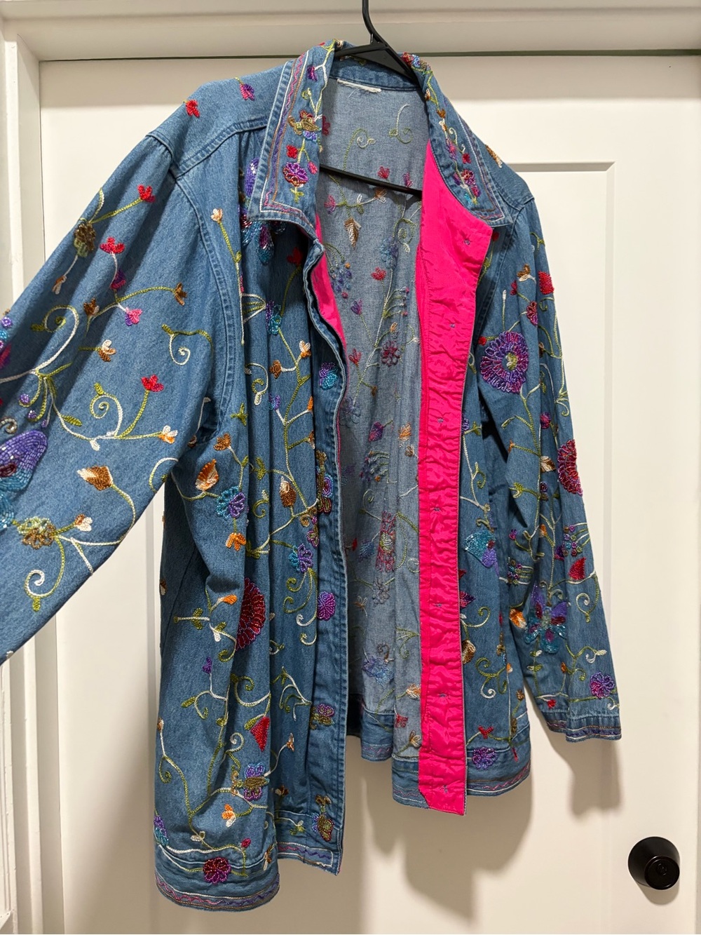 Fun Blue Denim Jacket with Pink Lining & Multicolor Embroidery
